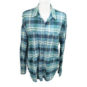 FREE PEOPLE M Loveland Blue Plaid Button Down Shirt Frayed Hem Tunic Relaxed Fit